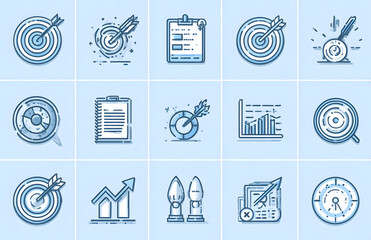 Line style icons of goal setting and motivation: goal target, objective icon, team goal, progress ring, KPI board, goal tracker, milestone icon, stretch goal, personal goal, OKR chart, target