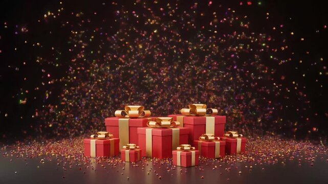 Group of Red Gift Boxes with Gold Ribbons and Exploding Colorful Confetti Shower present