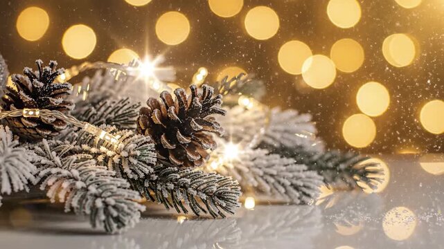 Frosted evergreen branches with pinecones and sparkling lights against golden bokeh