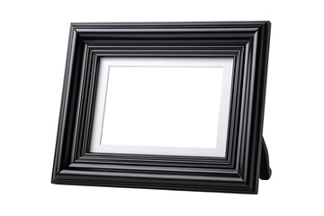Glossy black picture frame with white inner border and stand isolated on transparent background for decoration