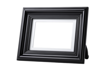 Glossy black picture frame with white inner border and stand isolated on transparent background for decoration
