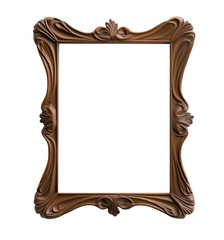 Ornate brown wooden photo frame with carved floral details isolated on transparent background for decoration