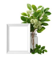 White photo frame with blank interior and glass jar bouquet of green leaves and white flowers on white background