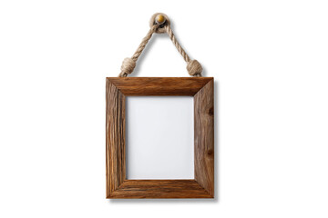 Rustic wooden photo frame with white matting and rope hanger isolated on transparent background for decoration