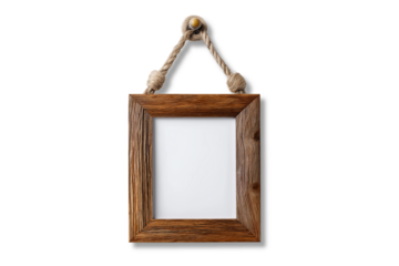 Rustic wooden photo frame with white matting and rope hanger isolated on transparent background for decoration
