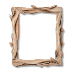 Artistic wooden photo frame with carved branch and leaf details isolated on transparent background for decoration