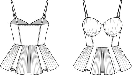 Women's sexy pleated peplum corset cami top flat technical drawing vector illustration, sweetheart neckline, adjustable straps, fashion design, party wear sketch.