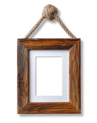 Rustic wooden photo frame with white matting and rope hanger isolated on transparent background for decoration