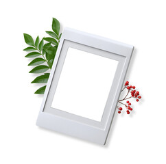 Instant photo frame with red rowan berries and green leaves isolated on transparent background for decoration