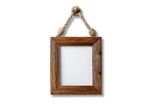 Rustic wooden photo frame with white matting and rope hanger isolated on transparent background for decoration