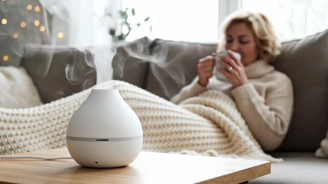 Essential oil diffuser emitting vapor in cozy living room with relaxing woman enjoying warmth