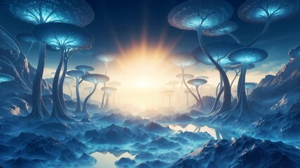 Bioluminescent forest valley with glowing mushroom trees and luminous canopy. Camera tilts upward revealing towering alien vegetation and misty mountain landscape with diagonal panning motion. - Powered by Adobe
