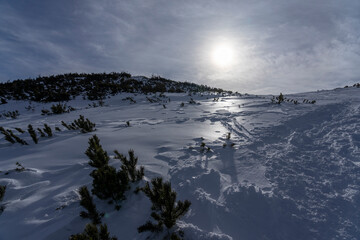 Frozen snow in the Western Tatras in winter. The area Lucna peak.