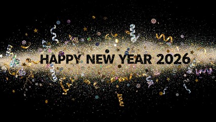 Sparkling Happy New Year 2026 Celebration with Confetti and Streamers, Perfect for Holiday Greetings and Festive Marketing Campaigns