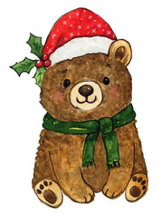Grazioso orsetto con cappello da Babbo Natale, illustrazione ad acquerello isolata su sfondo bianco