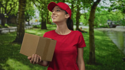 Young woman holding a medium cardboard delivery box on a green park path, smiling and looking aside...