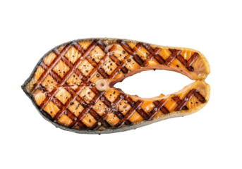 Perfectly grilled Atlantic salmon steak, char marks, glistening, sea salt, pepper, isolated on a transparent background with copy space, flat lay, close-up. Concept of gourmet dining