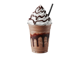 Refreshing mocha frappe in a clear plastic cup with visible layers, condensation, whipped cream, and chocolate drizzle, against a white background with copy space, concept for beverage advertising