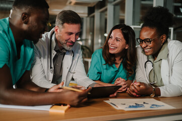 Diverse medical team collaborating on healthcare plans