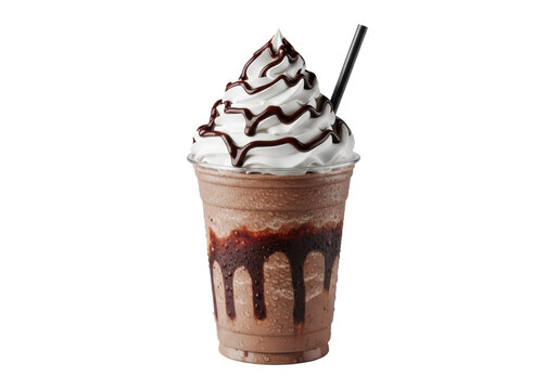 Refreshing mocha frappe in a clear plastic cup with visible layers, condensation, whipped cream, and chocolate drizzle, against a white background with copy space, concept for beverage advertising