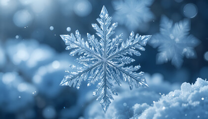 Extreme close up of a perfect crystalline ice snowflake macro against a soft blue winter bokeh background