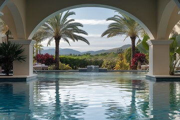 Tranquil View of Palm Trees Through an Archway over a Calm Swimming Pool.