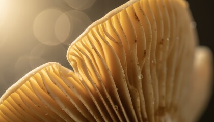 Fototapeta premium Delicate mushroom gills with tiny water droplets are illuminated by warm, golden sunlight, creating a magical and serene natural abstract pattern