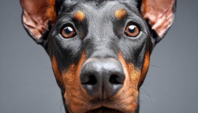 Stunning Doberman Pinscher with Captivating Eyes Staring Intently Against a Dark Grey Background - Powered by Adobe