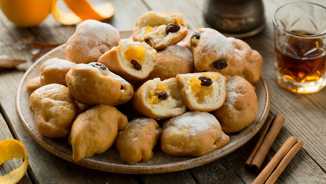 A close-up photograph of traditional Croatian fritule arranged on a rustic ceramic plate, showcasing their golden-brown, irregularly shaped surfaces dusted with powdered sugar. Each small doughnut rev