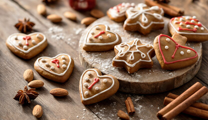 A rustic food photography scene featuring traditional German Lebkuchen gingerbread cookies arranged on a weathered wooden board. The heart-shaped and star-shaped cookies are golden-brown with intricat