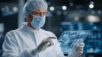 Close-up of surgeon guiding robotic instruments via holographic interface with team monitoring vitals remotely — representing precision medical technology, global surgical teamwork, and advanced - Powered by Adobe