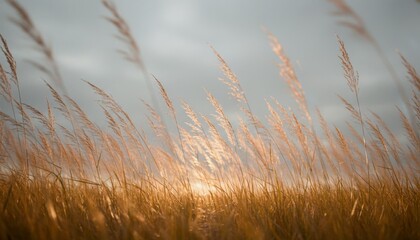 Fototapeta premium Tall golden wild grass with feathery plumes swaying gently in a tranquil meadow during a beautiful, warm sunset, creating a serene and peaceful atmospheric scene with soft light