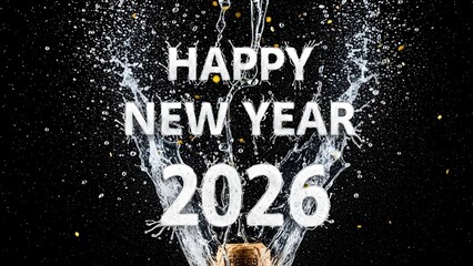 Celebrate the New Year 2026 with bubbly champagne, a joyful and festive moment for greetings cards, posters, and marketing materials, a vibrant splash