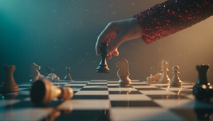 Woman's hand in a red sequined sleeve makes a strategic move with a black chess piece on a glossy board during an intense, dramatically lit game