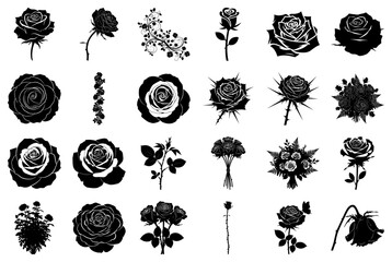 Assorted Black Rose Silhouettes and Floral Elements Keywords: rose, silhouette, flower, floral