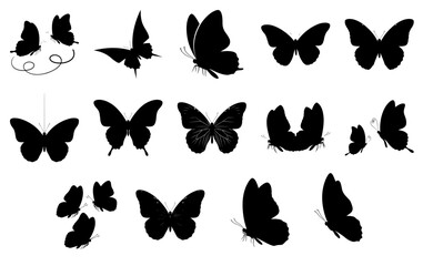 Assortment of Black Butterfly Silhouettes in Flight and Rest