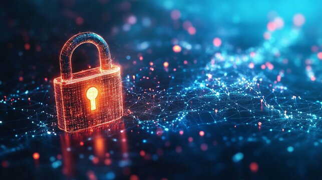 Secure your data with a futuristic digital lock, glowing red against a network of connected nodes, offering robust protection and peace of mind