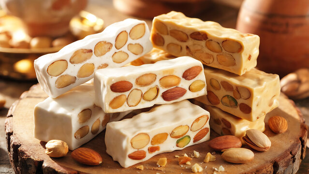 A close-up photograph of traditional Spanish turrón nougat arranged on a rustic wooden board with warm, golden lighting. The nougat pieces display the classic white and honey-colored varieties, studde