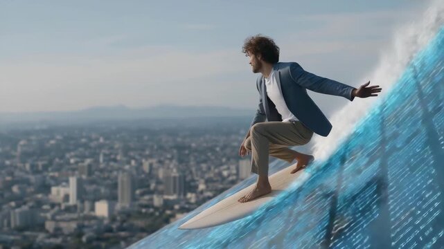Employee surfing a digital wave composed of stock market data and floating skill icons across cityscapes — concept of dynamic career navigation, professional agility, and balancing opportunities in