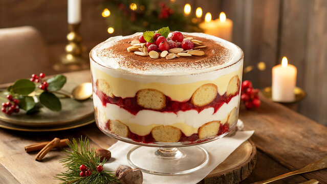 A photograph of an elegant Irish trifle presented in a clear glass bowl, showcasing distinct layers of golden sponge cake, rich custard, and fresh whipped cream. The trifle is adorned with vibrant red