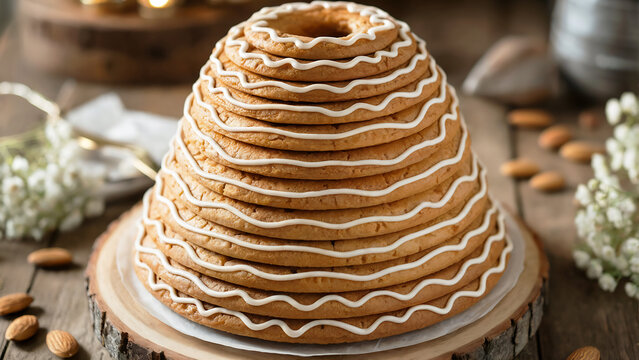 A photograph of a traditional Norwegian Kransekake, an elegant pyramid-shaped cake made of stacked almond rings decreasing in size from bottom to top. The eighteen concentric rings are golden-brown wi