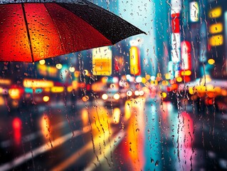 ain streaks a window as a red umbrella shields against a dazzling, blurred city night. Neon reflections dance on wet streets—urban romance meets moody atmosphere.