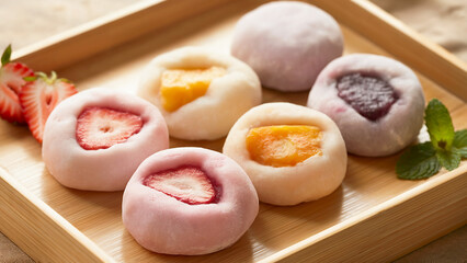 A close-up photograph of traditional Japanese mochi arranged on a bamboo serving tray, showcasing their soft, pillowy texture and delicate pastel colors. The rice cakes have a translucent, slightly gl