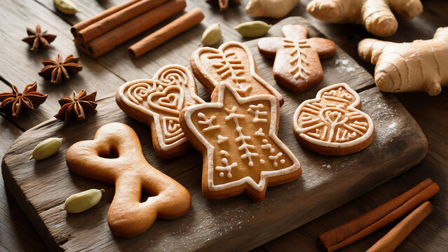 A photograph of traditional Nordic gingerbread cookies arranged on a rustic wooden board, showcasing the distinctive spiced treats from Latvia, Estonia, and Finland. The cookies are golden-brown with