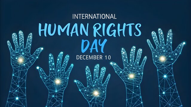 Futuristic glowing low poly International human rights day banner with raised up open hands and text