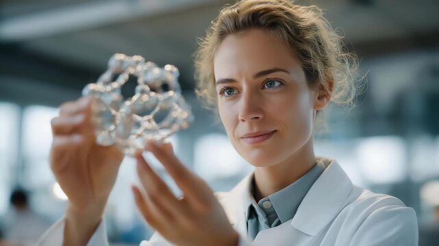 Lab technician reviewing 3D AI-generated model of crystal lattice structure, emotion of discovery visible, symbolizing data-driven materials engineering, molecular simulation, and artificial
