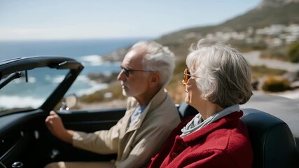 Seniors in a retro convertible car, wind in their hair, hands intertwined while driving along scenic road — concept of road trip romance, adventurous aging, freedom on the open road, and lifestyle