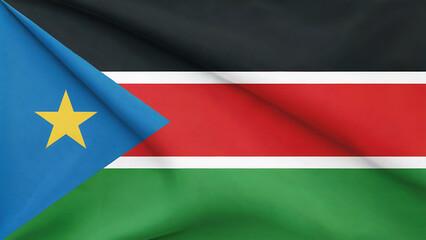 A high-resolution photograph of the Republic of South Sudan flag serving as a clean background. The flag displays its distinctive horizontal stripes of black, red, and white separated by thin white an