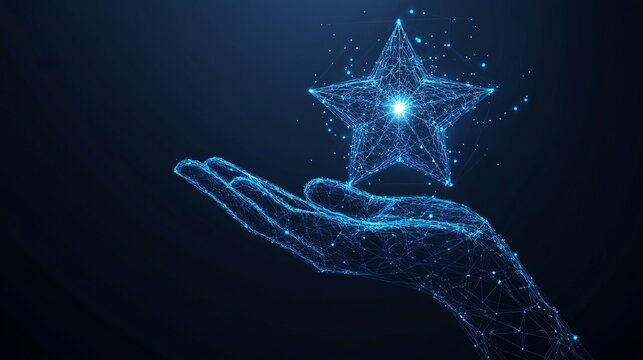 Reach for the stars with innovative technology solutions represented by a glowing digital hand offering a bright star in the dark cyberspace