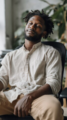 Black man doing a desk yoga twist in a modern office. Calm, inclusive wellness moment with natural light and greenery. Man performing subtle desk yoga twist, bright office, work-life balance wellness 
